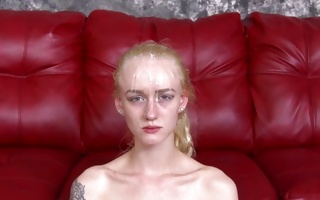 Skinny blonde chick swallowing a huge dick and gets covered in jizz